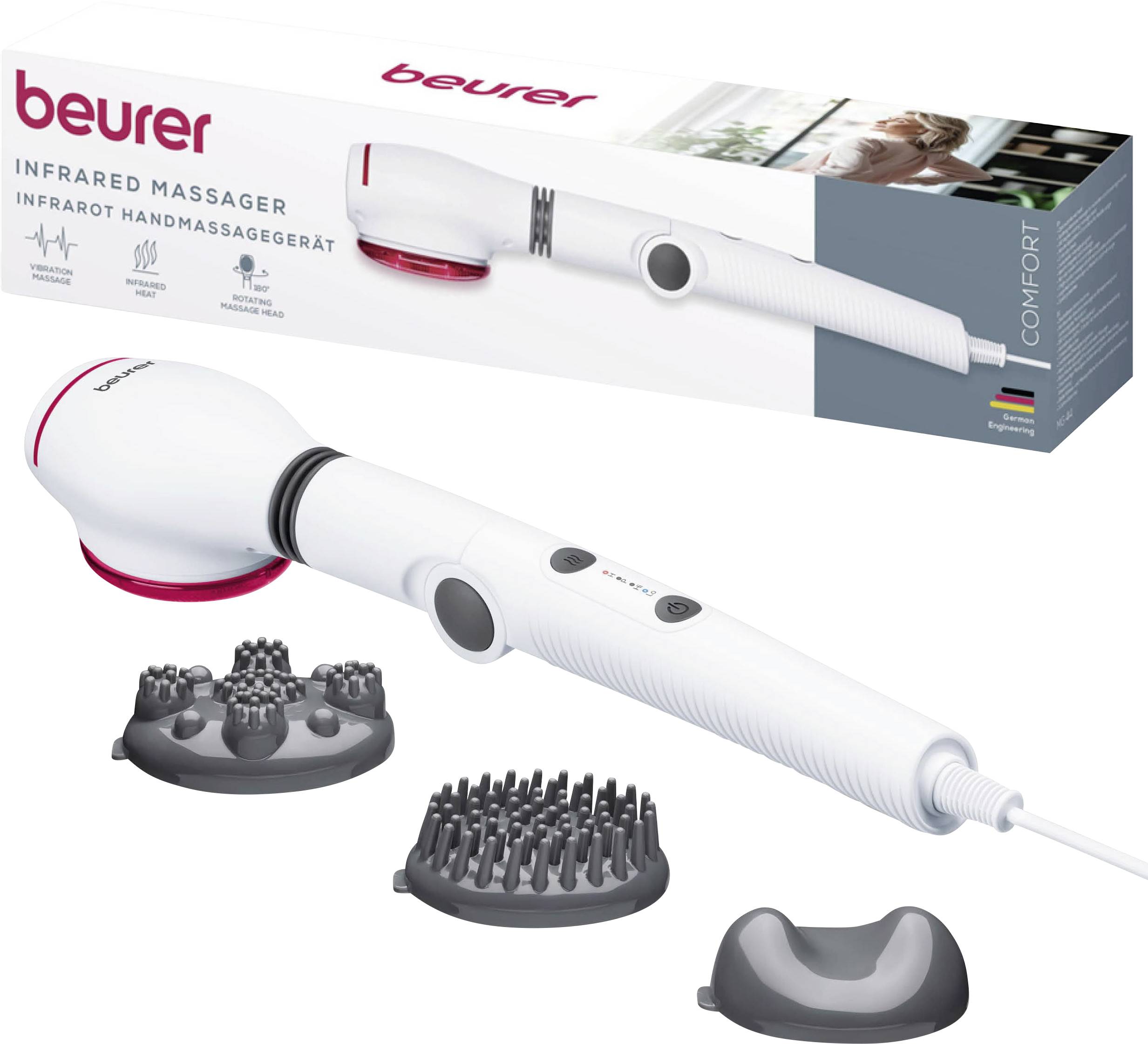 Beurer Infrarot-Handmassagegerät mit drei austauschbaren Aufsätzen und Produktverpackung auf weißem Hintergrund.