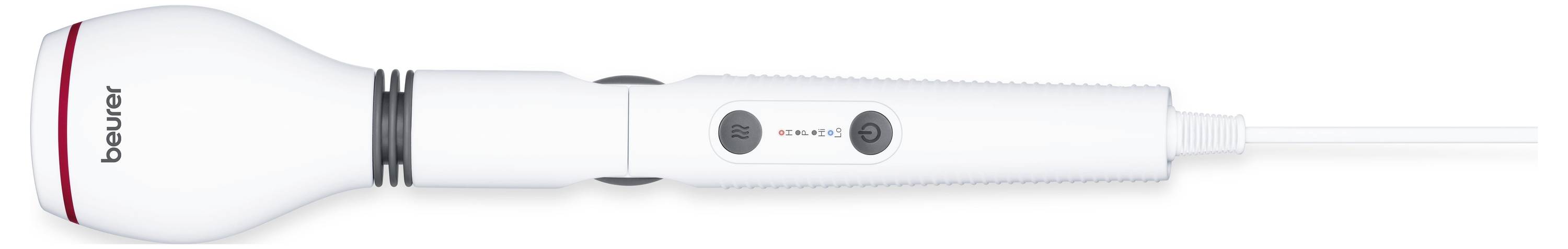 Weißes tragbares Massagegerät von Beurer mit rundem Kopf, Steuertasten am Griff und einem Kabel, das auf der rechten Seite angebracht ist.