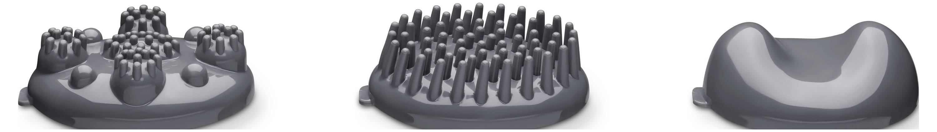Drei Ansichten einer grauen ergonomischen Kopfhautmassagebürste mit weichen Silikonborsten und ergonomischem gebogenem Griff.