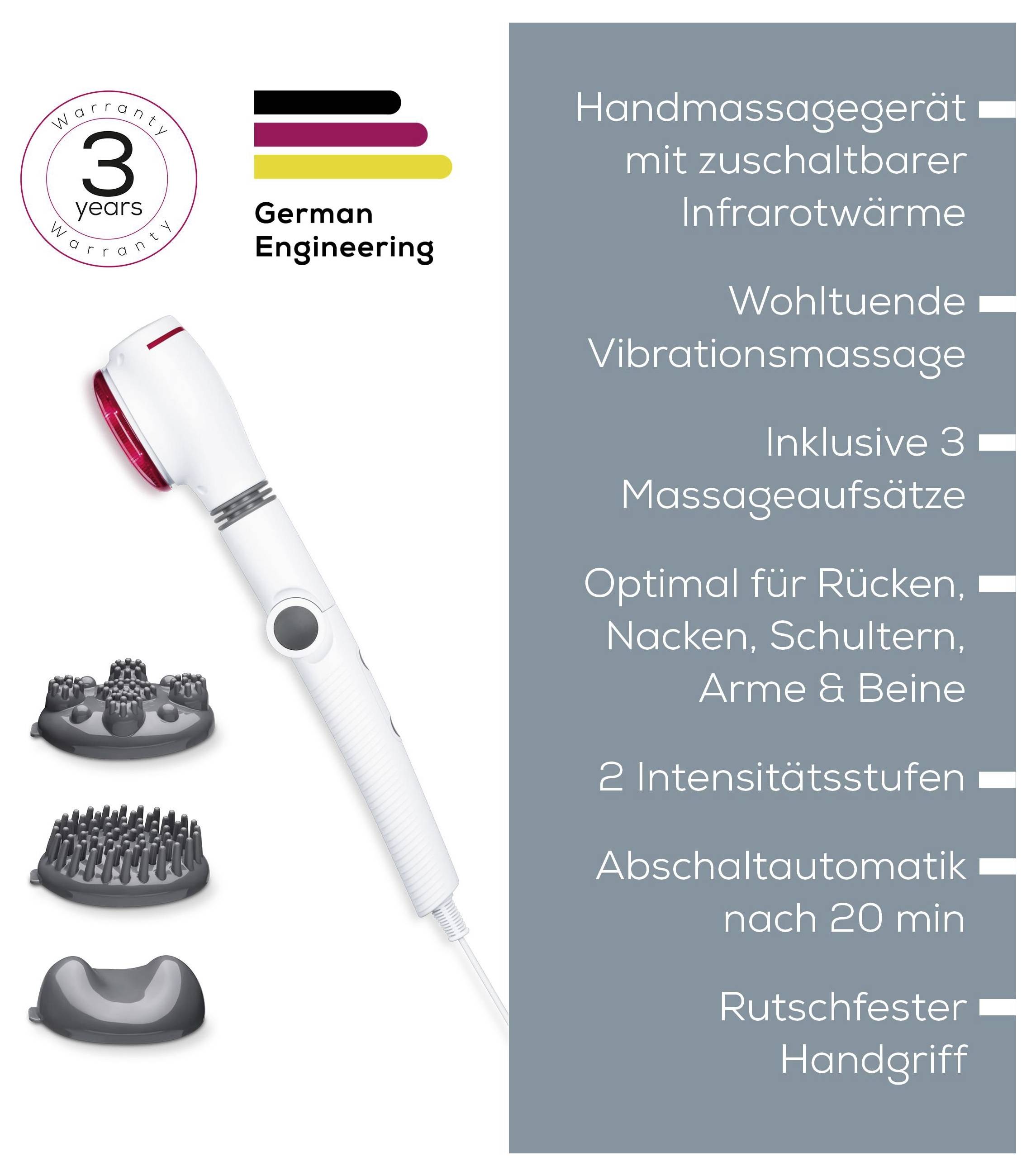 Produktbild eines Handmassagegeräts mit Infrarotwärme, Vibrationsmassage, 3 Aufsätzen und 2 Intensitätsstufen; 3 Jahre Garantie, deutsches Engineering.