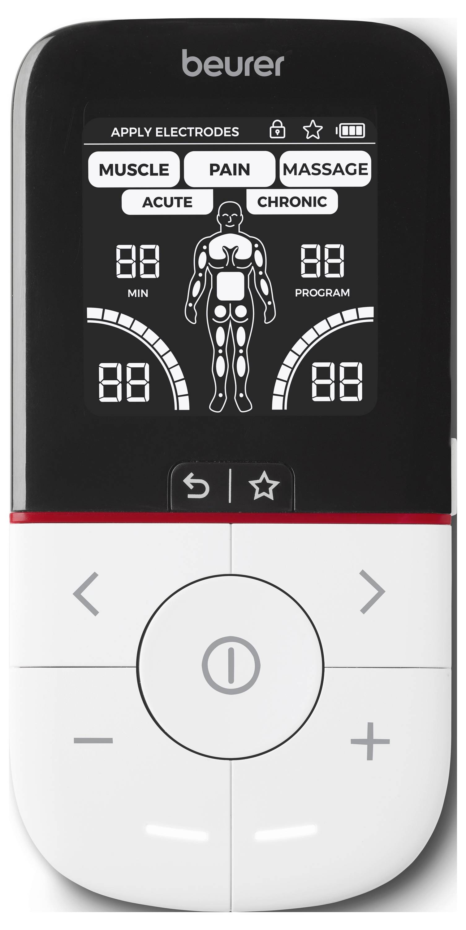 Beurer tragbares Therapiegerät-Display mit Elektrodenplatzierung und Modi für Muskulatur, Schmerz und Massage, mit akuten und chronischen Einstellungen und Tastatursteuerungen.