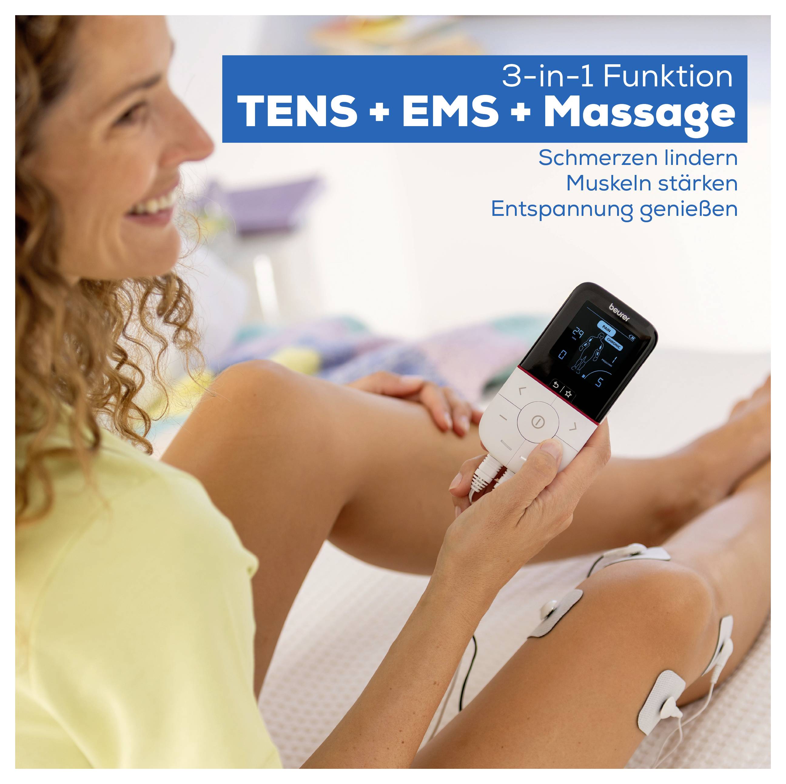 Frau nutzt ein TENS/EMS-Massagegerät auf dem Bein; Text: '3-in-1 Funktion TENS + EMS + Massage', 'Schmerzen lindern, Muskeln stärken, Entspannung genießen'.