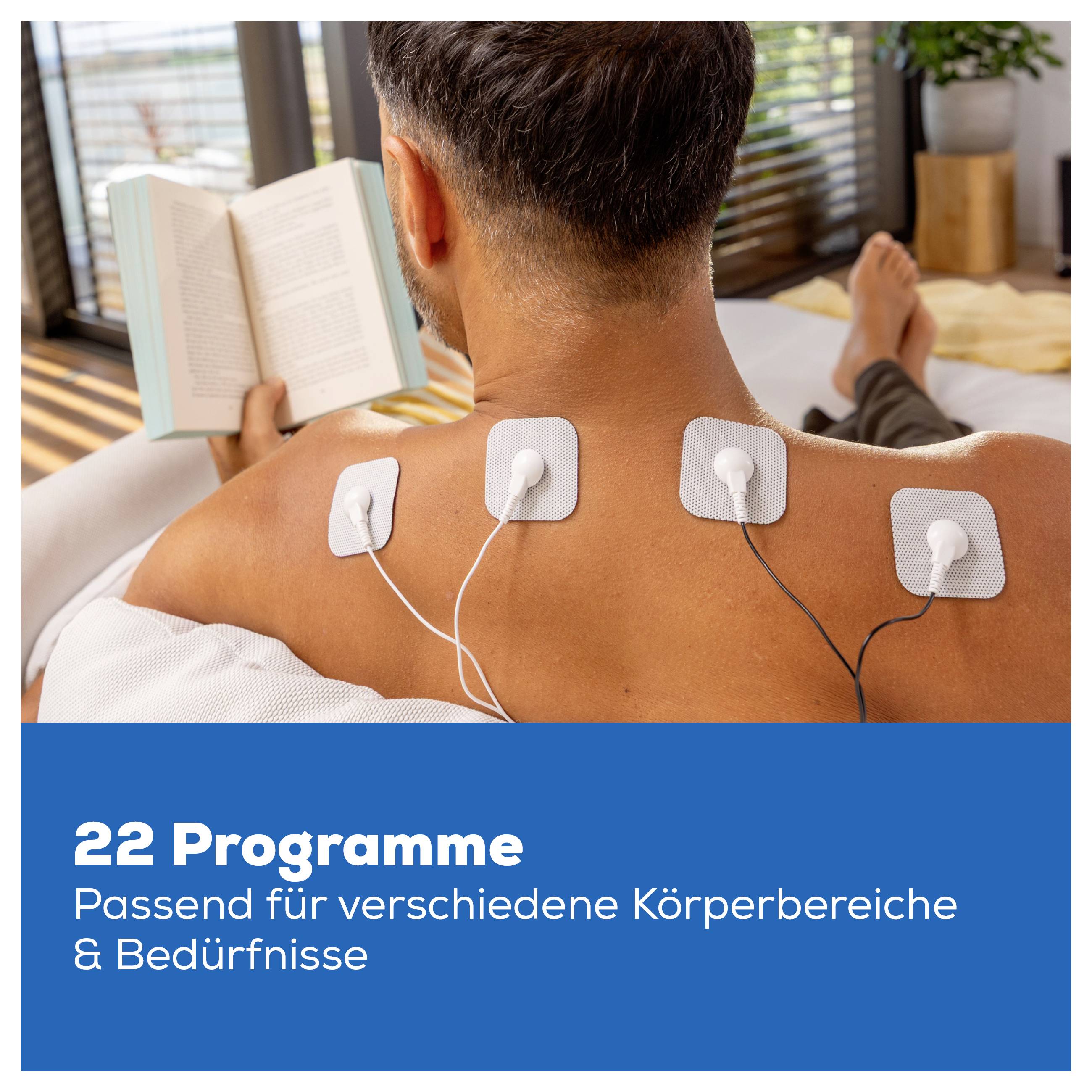 Person liegt mit Elektroden auf dem Rücken und liest ein Buch; unten steht '22 Programme – Passend für verschiedene Körperbereiche & Bedürfnisse'.