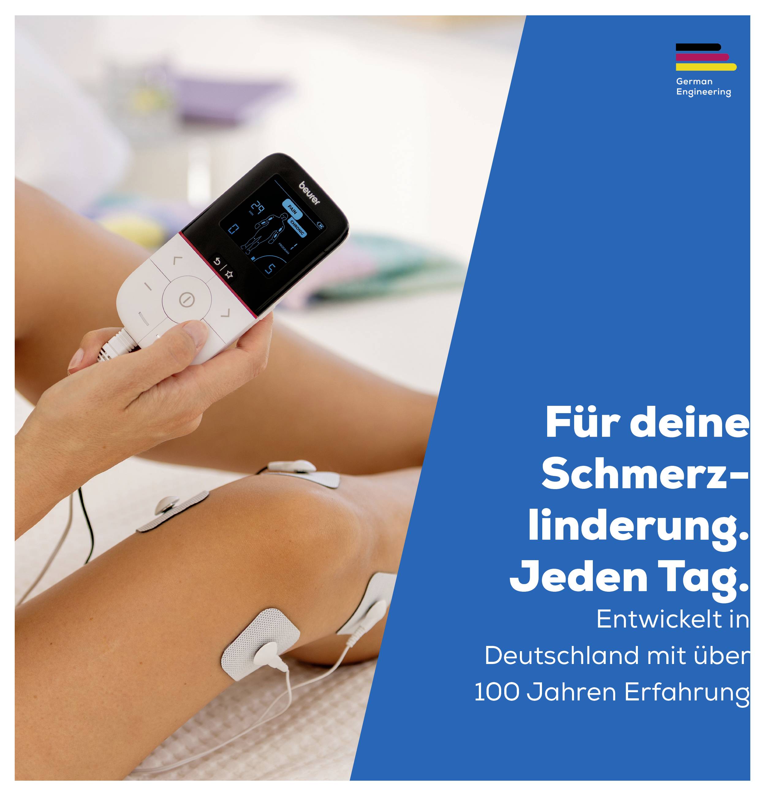 Werbung für ein Schmerztherapiegerät an einem Bein; Text: 'Für deine Schmerzlinderung. Jeden Tag.' und 'Entwickelt in Deutschland mit über 100 Jahren Erfahrung'.