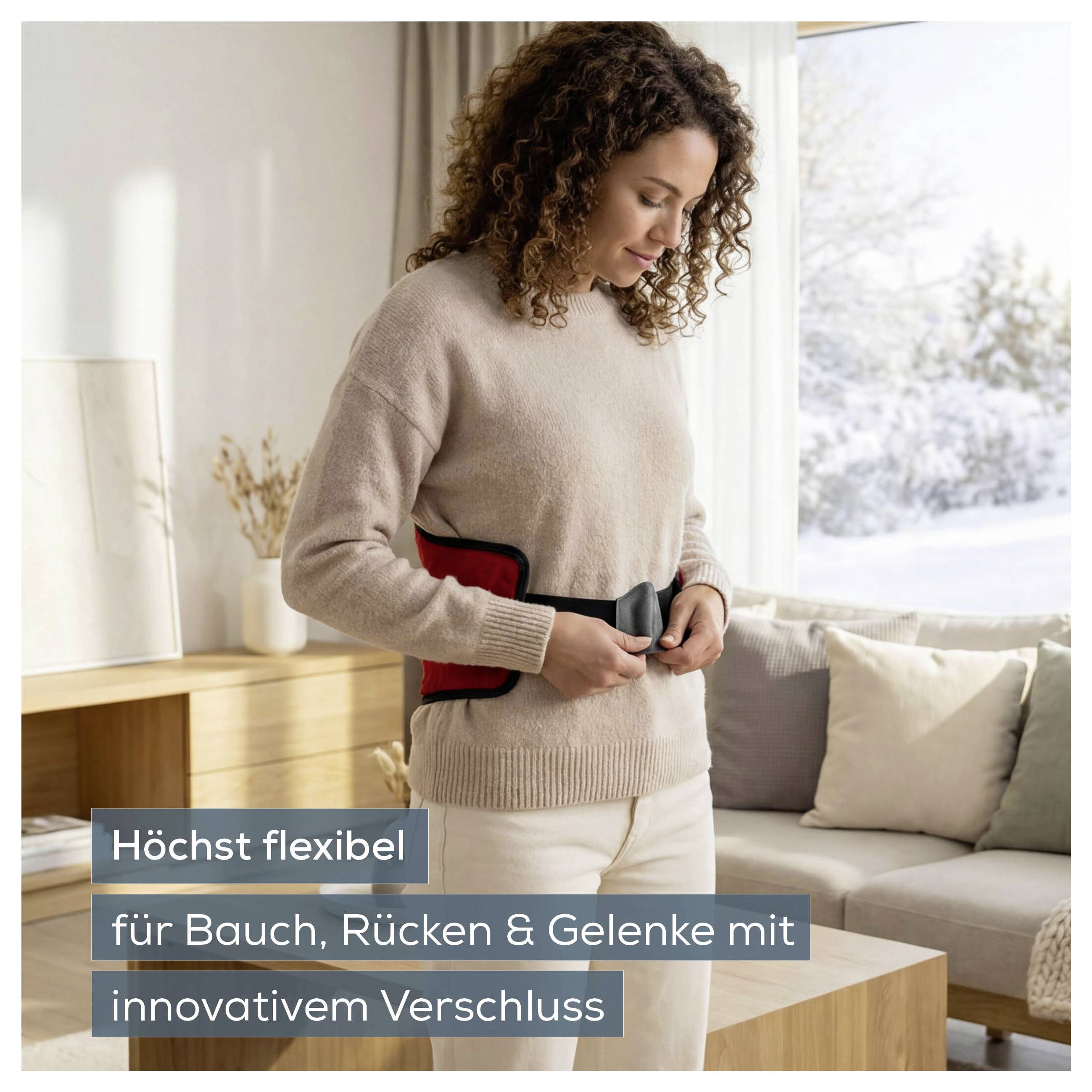 Frau trägt eine flexible Wärme-/Stützgürtel um den Bauch; Text: 'Höchst flexibel für Bauch, Rücken & Gelenke mit innovativem Verschluss'
