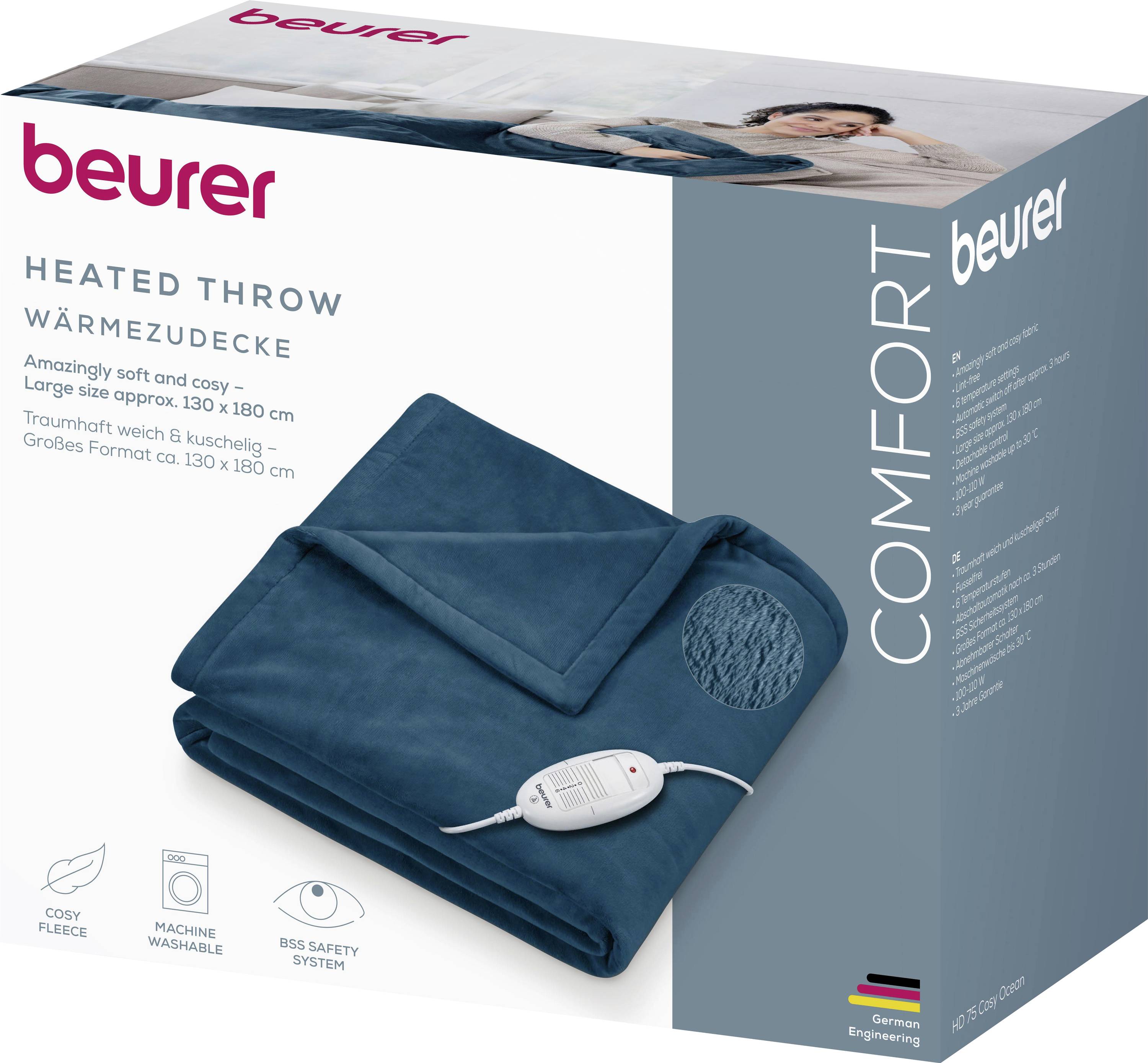 Kartonverpackung für eine Beurer Wärmewurfdecke in Blaugrün, mit der Aufschrift „Heated Throw