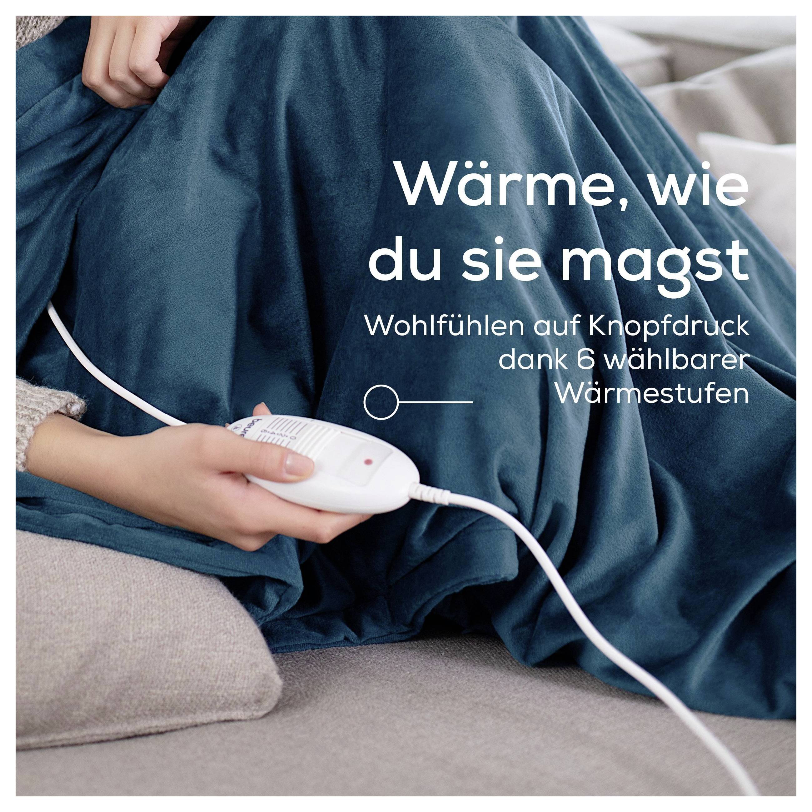 Person nutzt eine elektrische Heizdecke mit Handregler; Text: 'Wärme, wie du sie magst' und '6 wählbare Wärmestufen'.