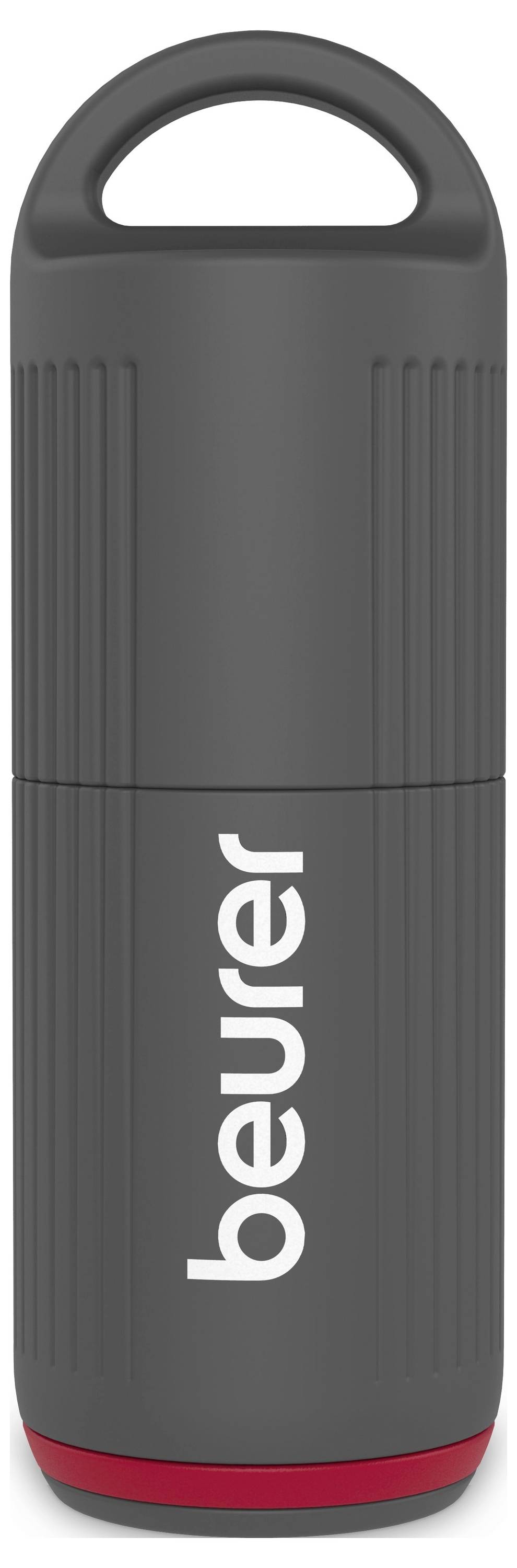 Dunkelgrau wiederverwendbare isolierte Flasche mit Griff und roter Basis, vertikal mit 