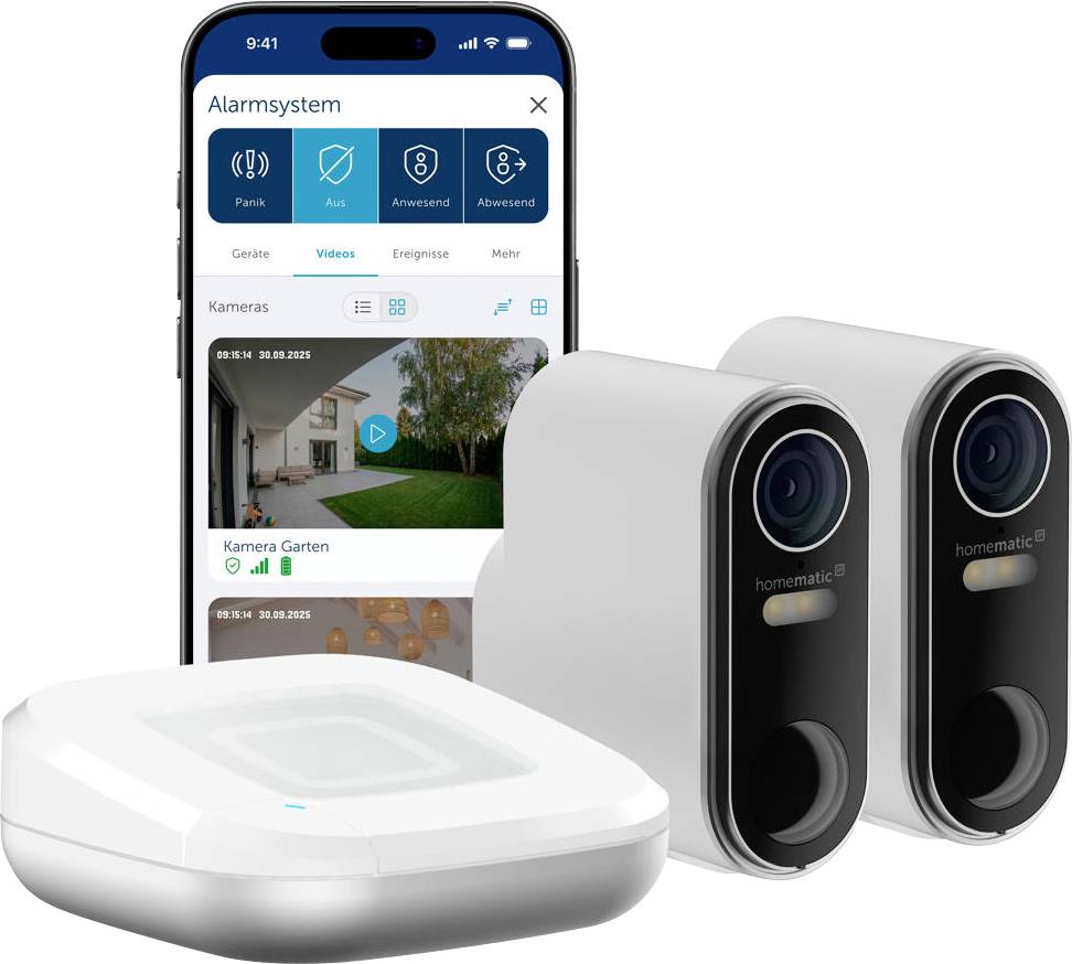 Smart-Home-Sicherheitssystem, gezeigt mit einer Smartphone-Alarm-App, zwei Innenraumkameras und einer weißen Basisstation
