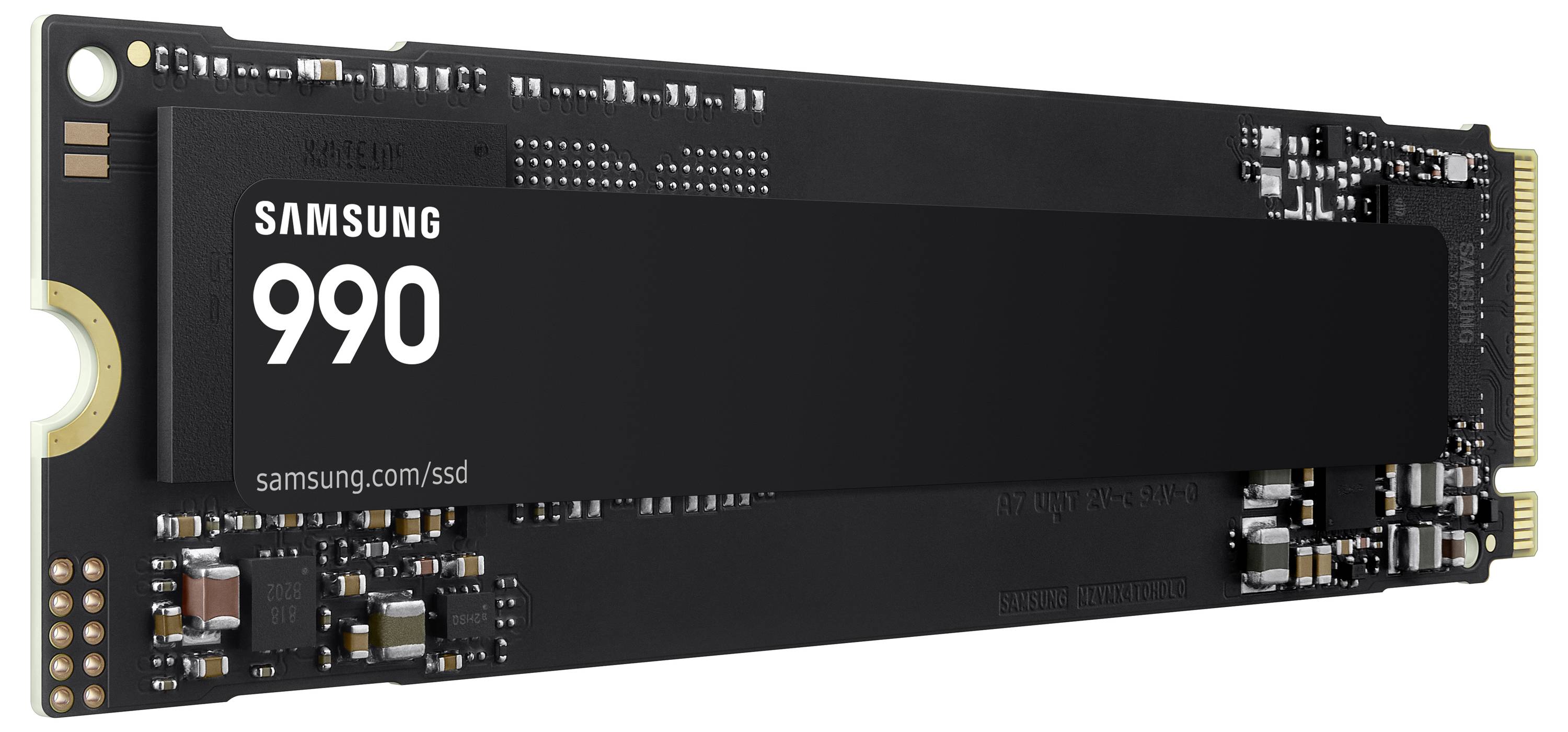 Samsung 990 M.2 Festplattenlaufwerk auf weißem Hintergrund dargestellt, mit sichtbarem Produktnamen und Branding.