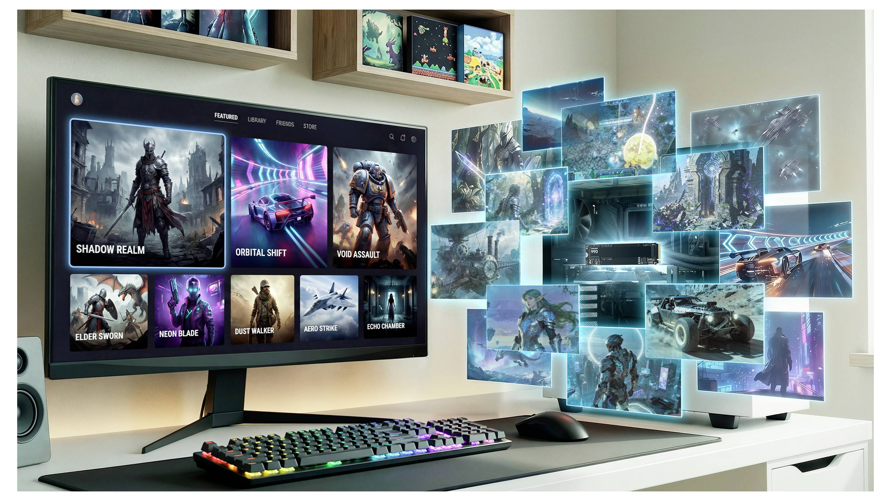 Gaming-Schreibtisch mit Monitor, auf dem eine Spielbibliothek angezeigt wird, sowie eine Wand mit schwebenden Spiel-Screenshots/Grafiken, dazu eine RGB-Tastatur und -Maus.