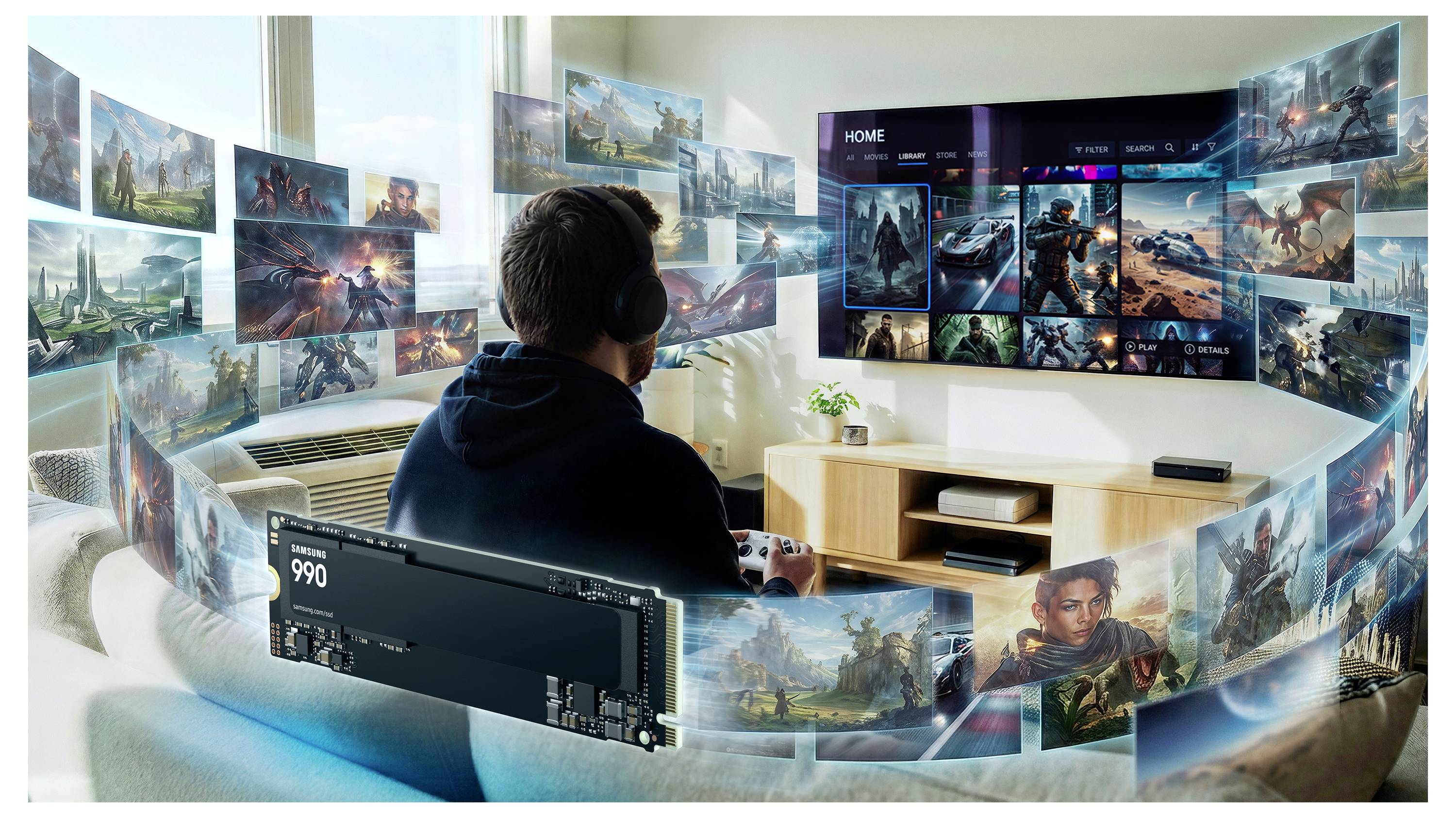 Eine Person, die ein Headset trägt, nutzt einen PC, der von schwebenden Spielbildschirmen umgeben ist, wobei eine hochleistungsstarke Grafikkarte und ein immersives Multi-Display-Gaming-Setup zu sehen sind.