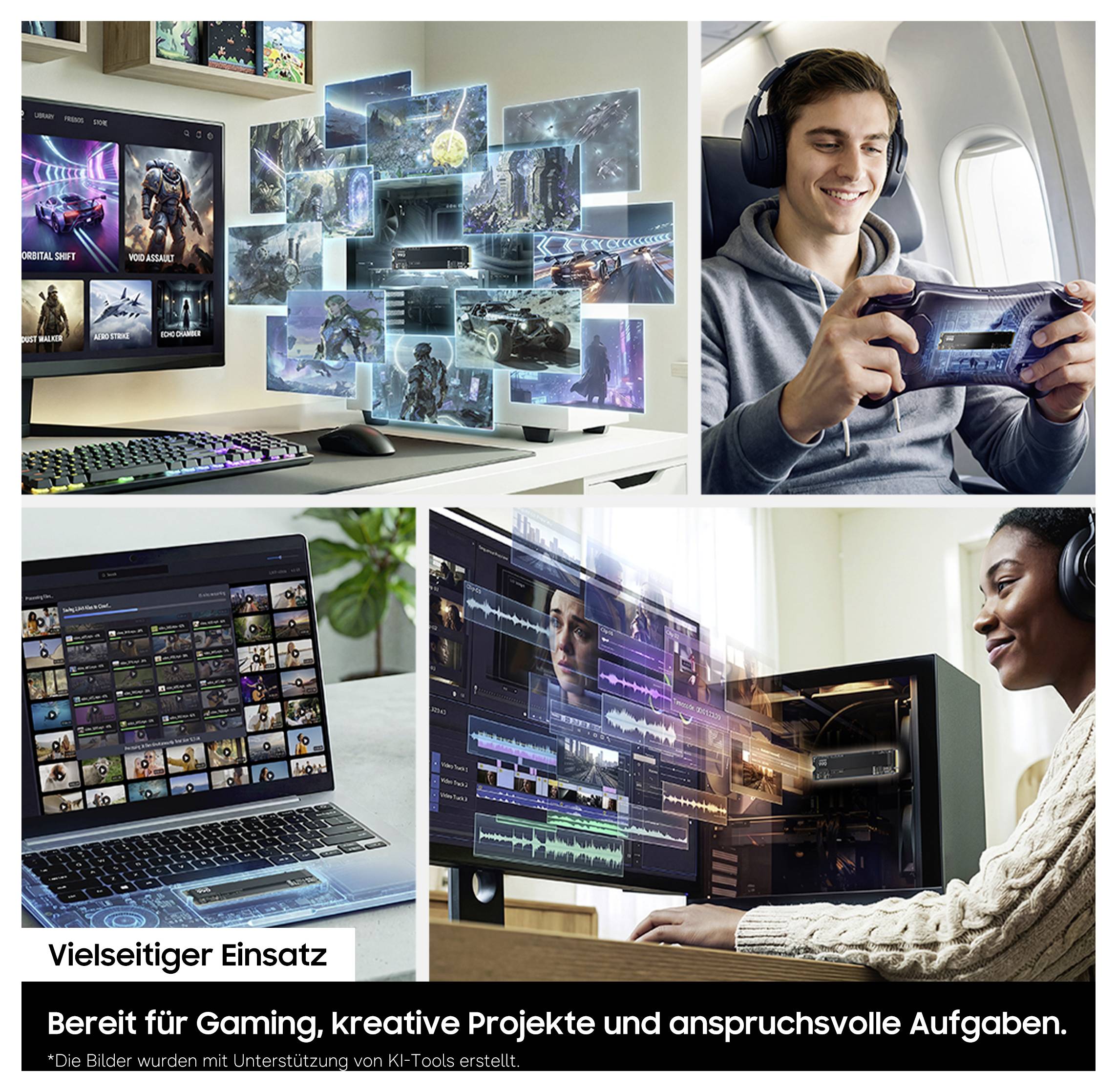 Collage von Spielern und Bearbeitungssoftware auf Desktop und Laptop, die Gaming und kreative Arbeit auf mehreren Bildschirmen und Geräten zeigen.