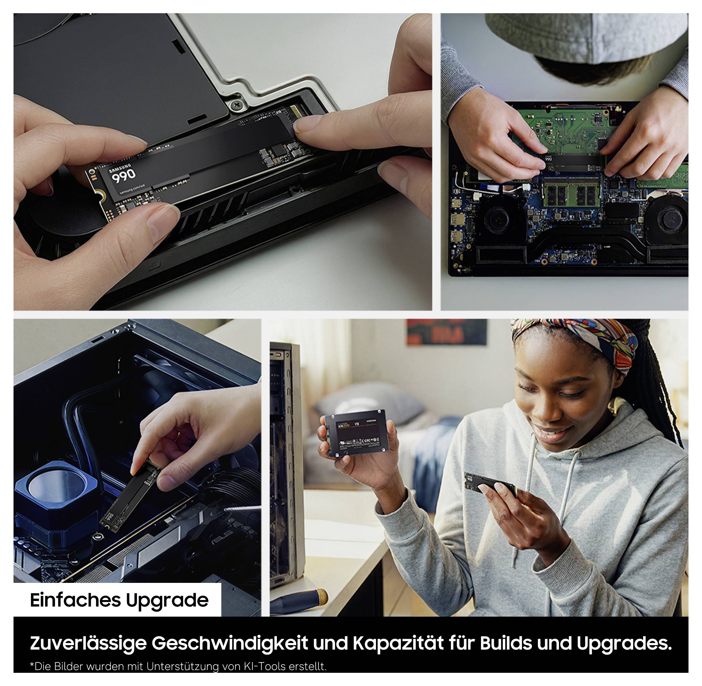 Collage zeigt SSD-Installation in einem Laptop und eine Frau, die eine SSD und ein Telefon hält; Deutscher Text besagt 