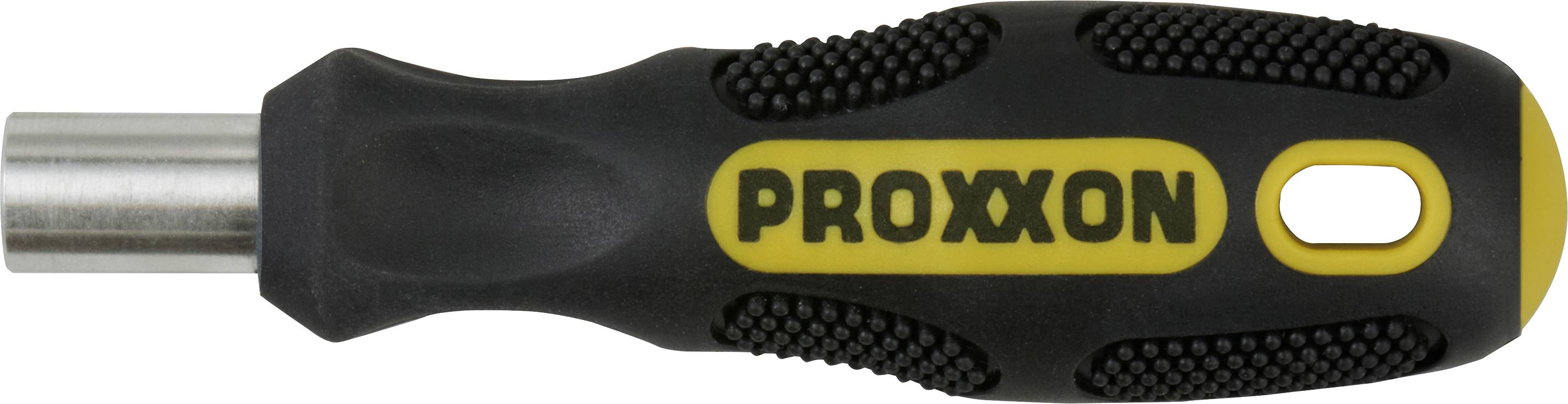 Schwarz-gelber PROXXON Schraubendrehergriff mit Metallschaft und ovalem Aufhängeloch am Ende.