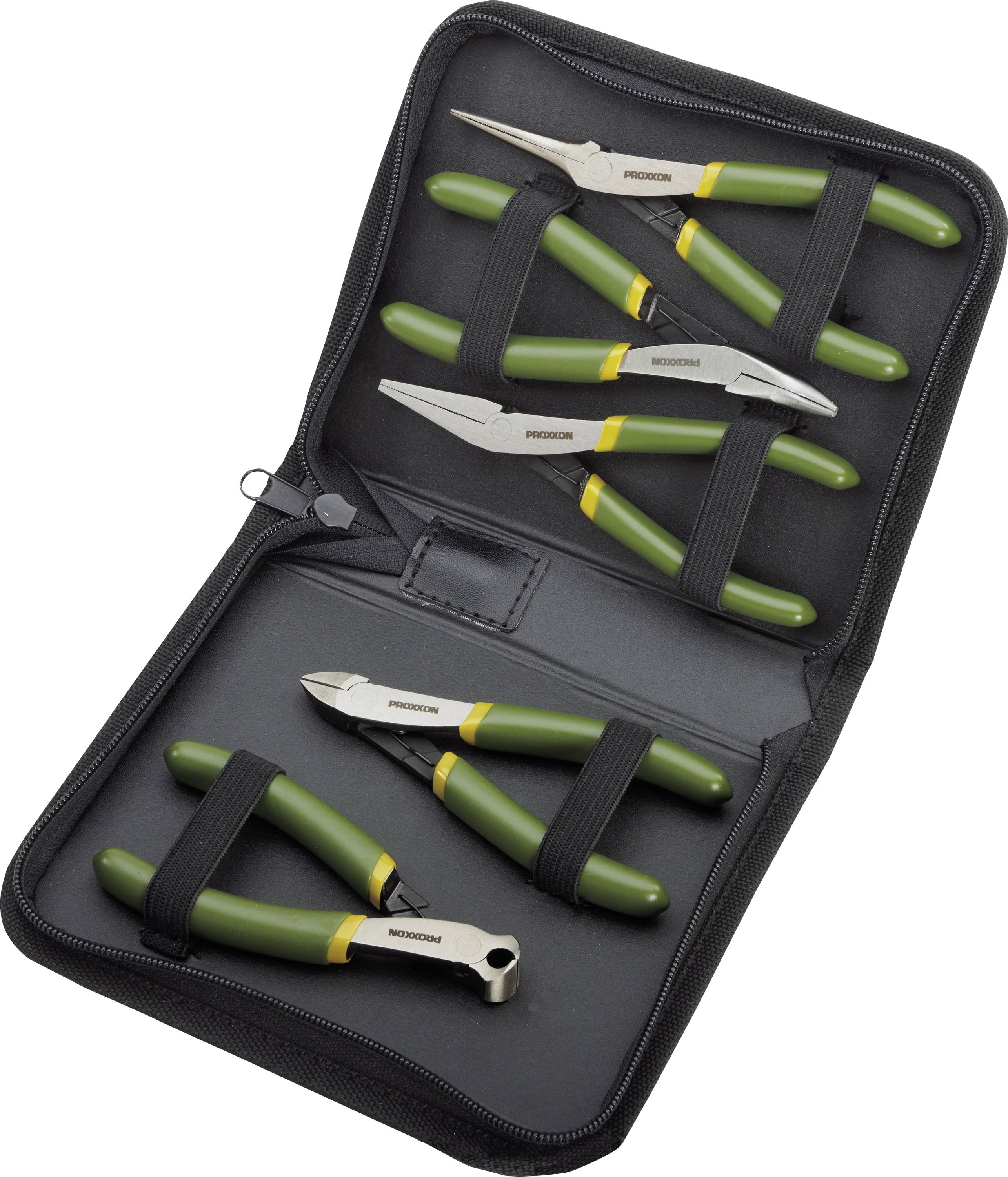 Offene Reißverschluss-Werkzeugtasche mit mehreren Zangen mit grünen Griffen und Drahtschneidern, die in elastischen Riemen befestigt sind.