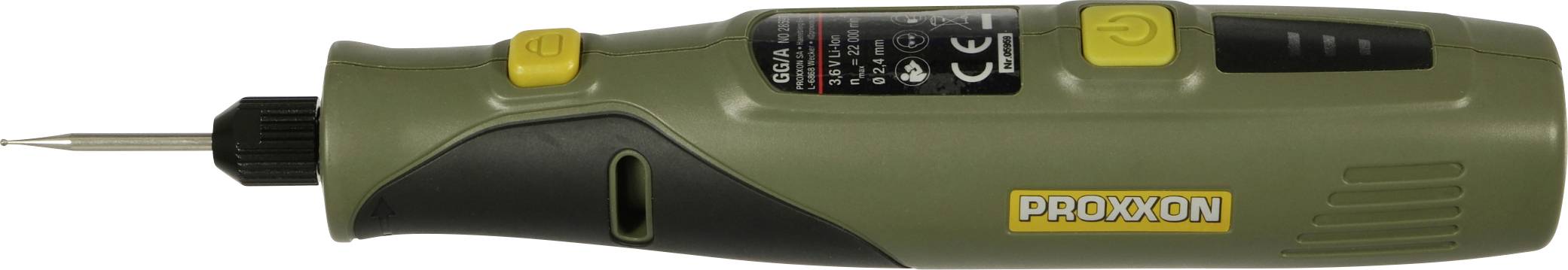 Grüner kabelloser Proxxon-Elektroschrauber mit einem dünnen Bit an der Vorderseite und einem gelben Netzschalter am Griff.