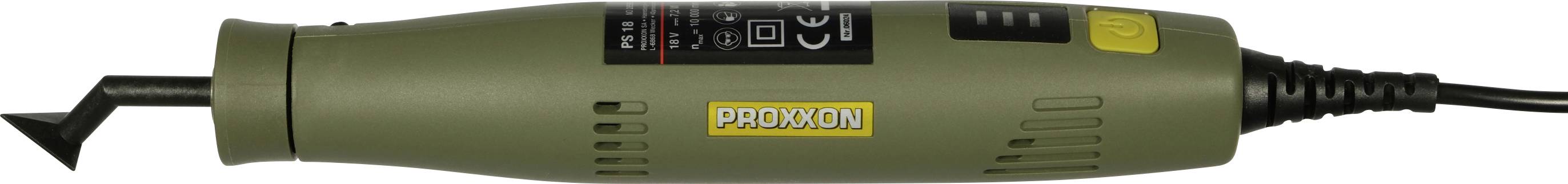 Ein grünes tragbares PROXXON-Elektrowerkzeug mit schwarzem Kabel und einem gebogenen Metallbit an der Vorderseite befestigt.