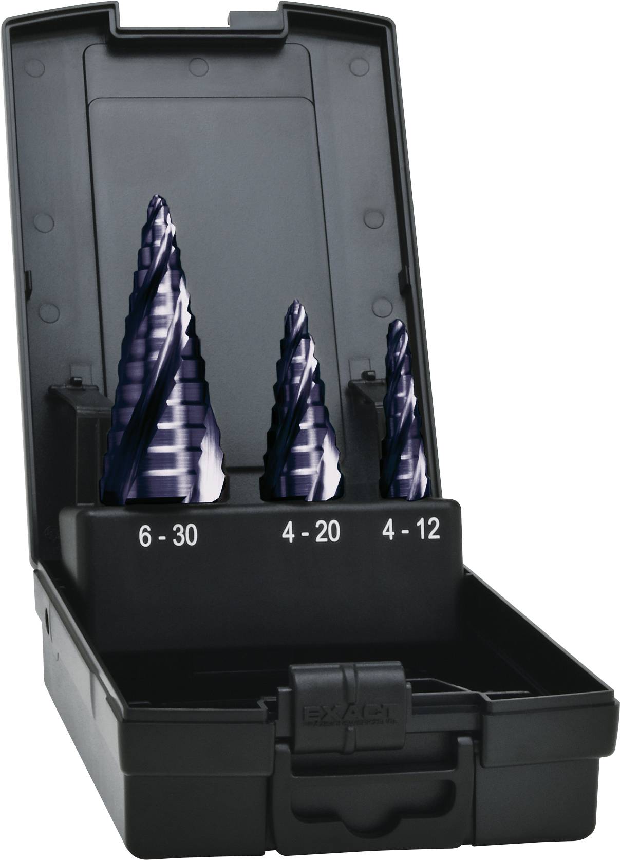 Schwarzes Etui mit drei Stufenbohrern mit den Bezeichnungen 6-30, 4-20 und 4-12.