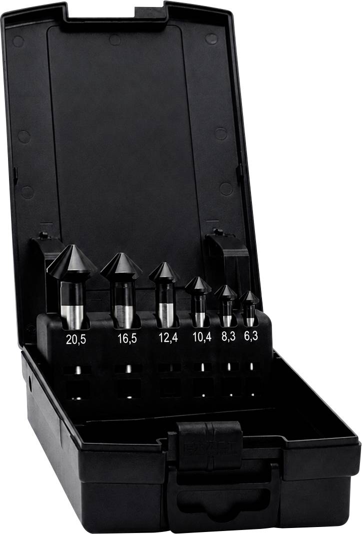 Schwarzes Kunststoffgehäuse mit sechs Senkbohrern mit den Beschriftungen 20,5, 16,5, 12,4, 10,4, 8,3 und 6,3 mm.