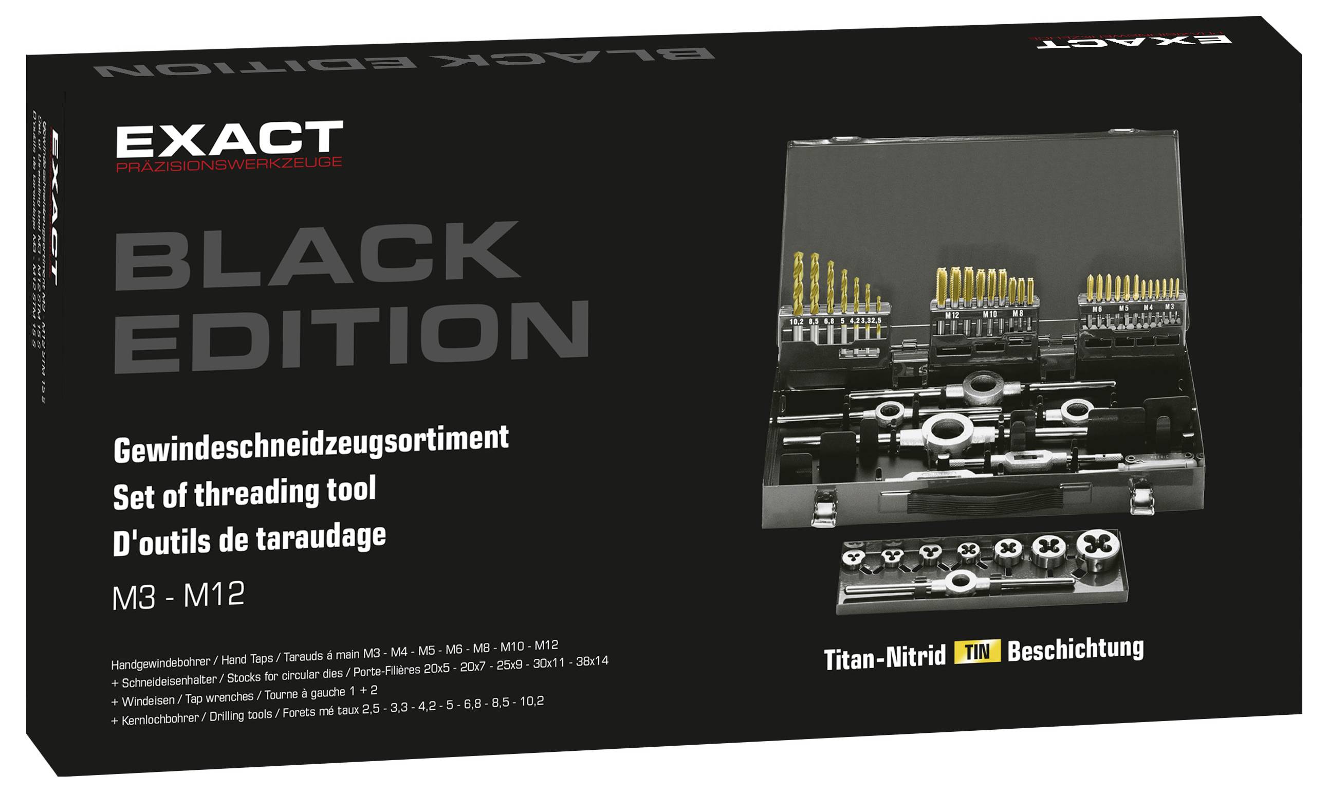 Verpackung für EXACT schwarze Edition Gewindeschneidewerkzeugsatz, mit Bild des organisierten Bohrer-/Gewindeschneidewerkzeugs und Text, der M3-M12 und Titan-Nitri-Beschichtung anzeigt.