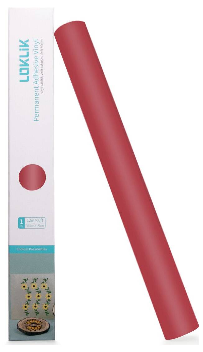 Rote zylindrische Klebstoffvinylrolle neben einer Produktbox mit der Aufschrift 