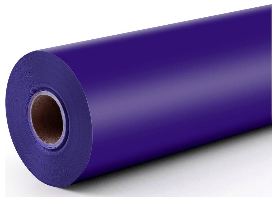 Eine große Rolle glänzender violetter Kunststofffolie auf weißem Hintergrund.