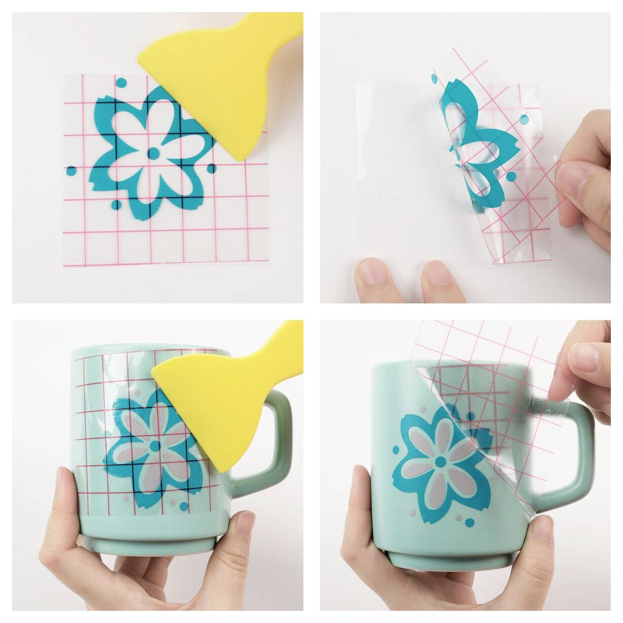 Collage mit einem Vinyl-Blumendesign, das mit einem gelben Spachtel von einer Haftfolie auf eine türkisfarbene Tasse übertragen wird, mit abgelöster Trägerpapier.