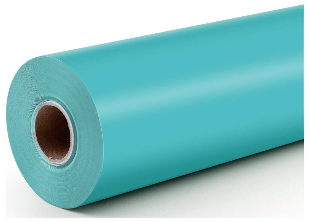 Eine große Rolle aus Teal-Material, vermutlich Papier oder Stoff, diagonal auf weißem Hintergrund gezeigt.
