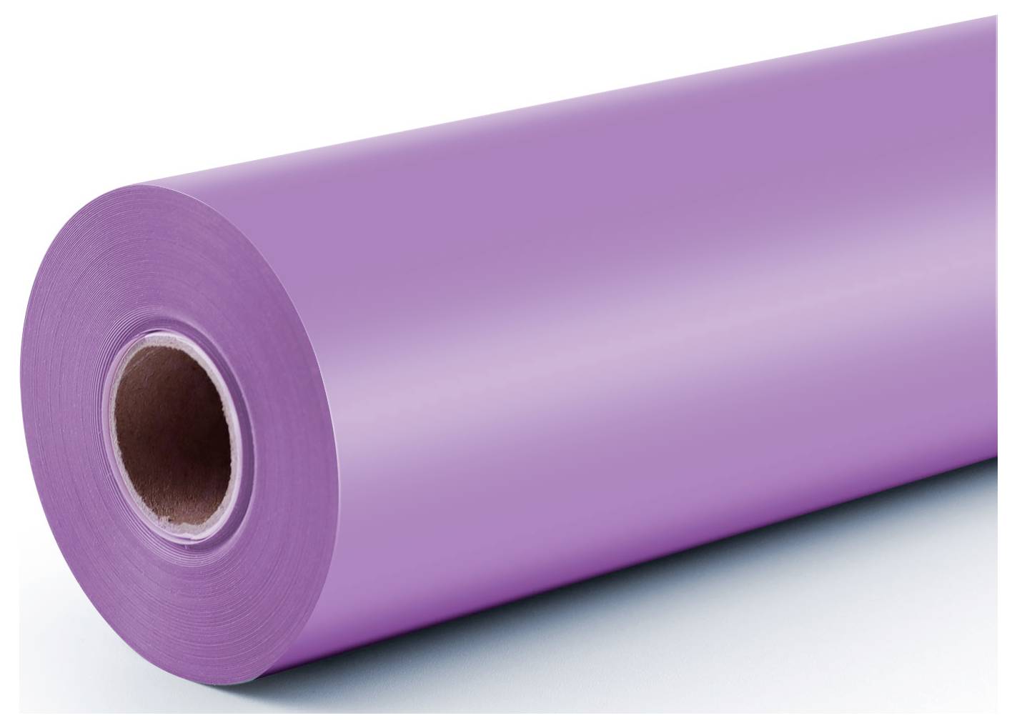 Eine große Rolle aus violettem Papier oder Film, aufgerollt auf weißem Hintergrund dargestellt.