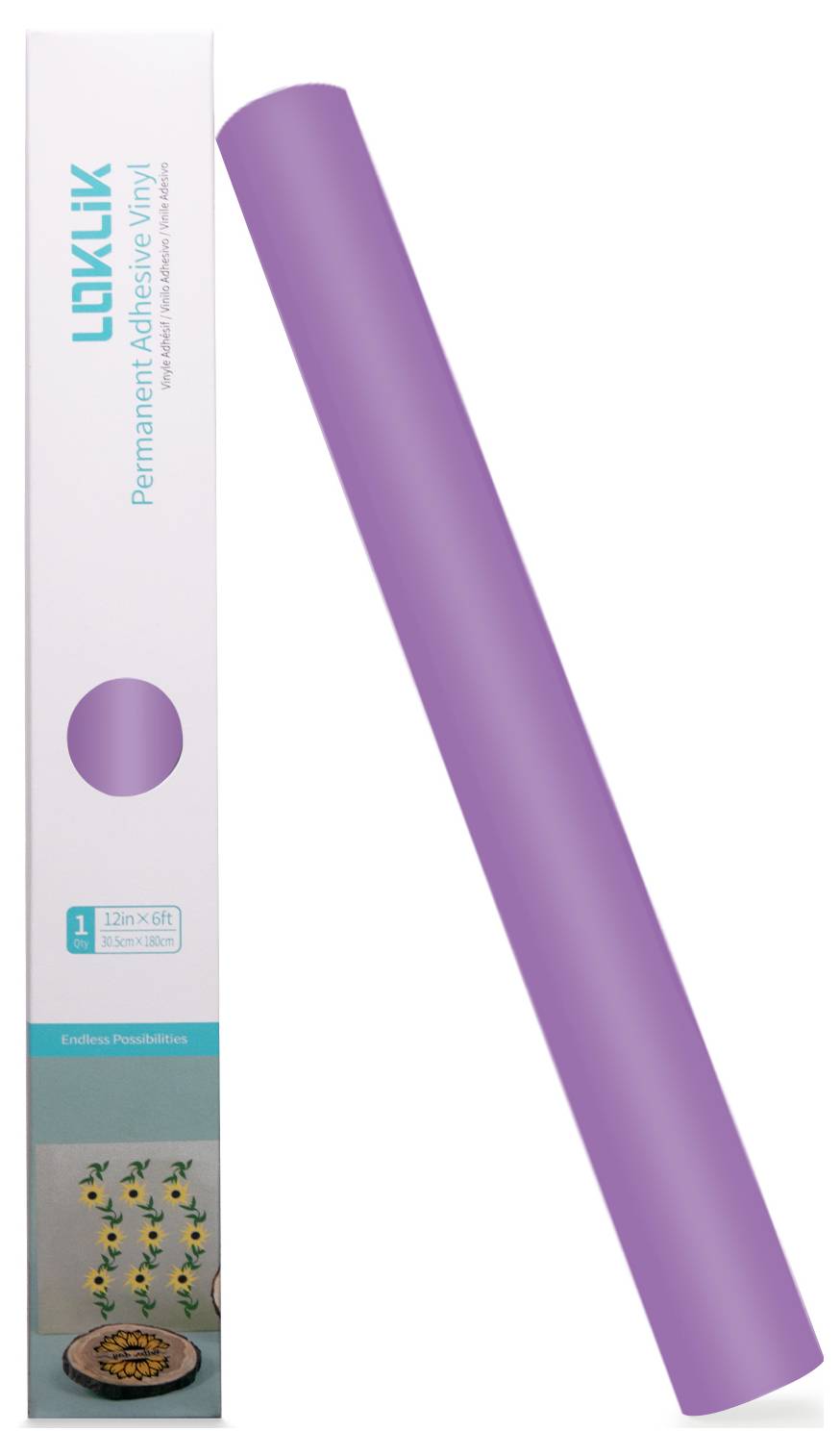 Violette selbstklebende Vinylrolle neben einer Verpackung mit der Aufschrift „CLIKLIX Permanent Adhesive Vinyl