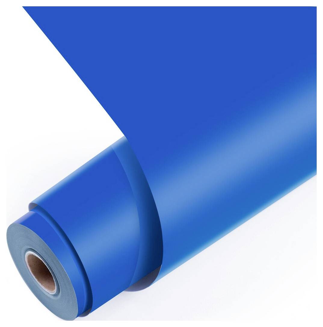 Blauer Rollfilm oder Vinylblatt, das sich auf weißem Hintergrund teilweise abwickelt