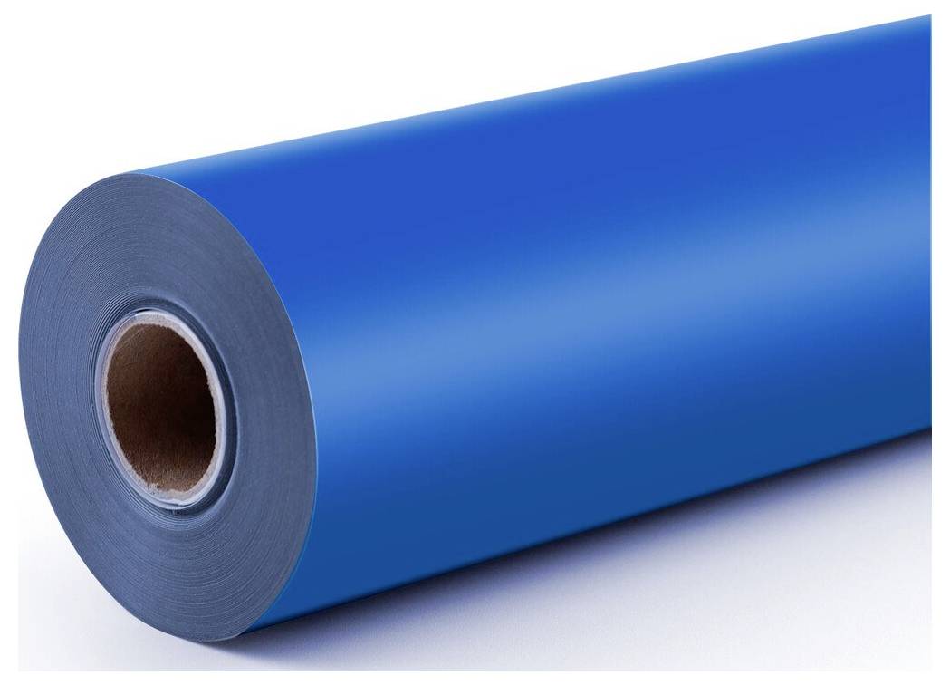 Blaue Rolle aus flexiblem Material mit braunem Pappkern, dargestellt auf weißem Hintergrund.