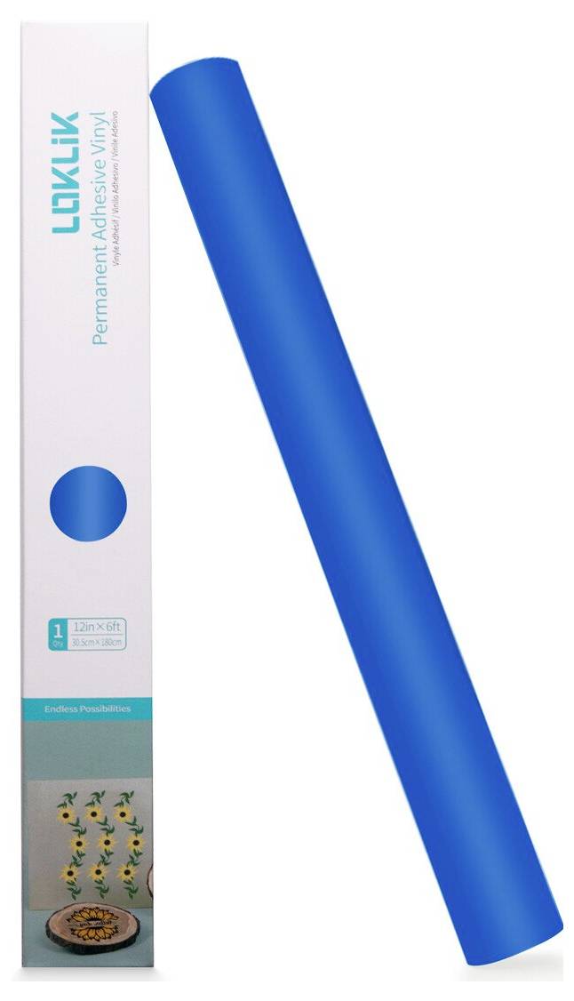 Blaue Klebstoffvinylrolle und Produktverpackung mit der Bezeichnung 'LORLIX' mit 'Permanentem Klebstoffvinyl'