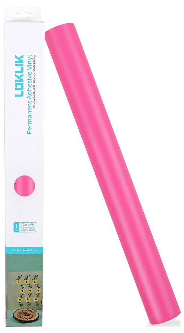 Weiße Verpackung für LK Adhesive Vinyl mit einer leuchtend rosafarbenen Klebeband-Rolle, die diagonal daneben angezeigt wird.