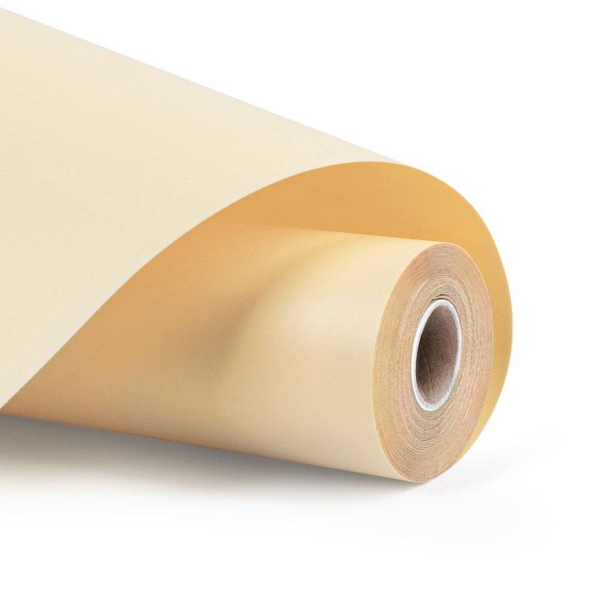Eine Rolle aus orangegelbem Papier- oder Vinylmaterial, aufgerollt auf weißem Hintergrund.