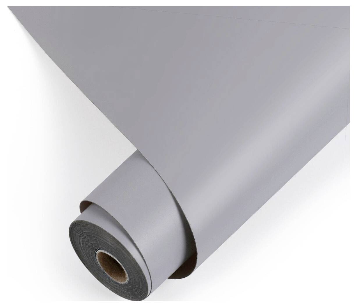 Aufgerolltes graues Blatt oder Vinylmaterial mit braunem Kartonkern, diagonal auf weißem Hintergrund gezeigt.