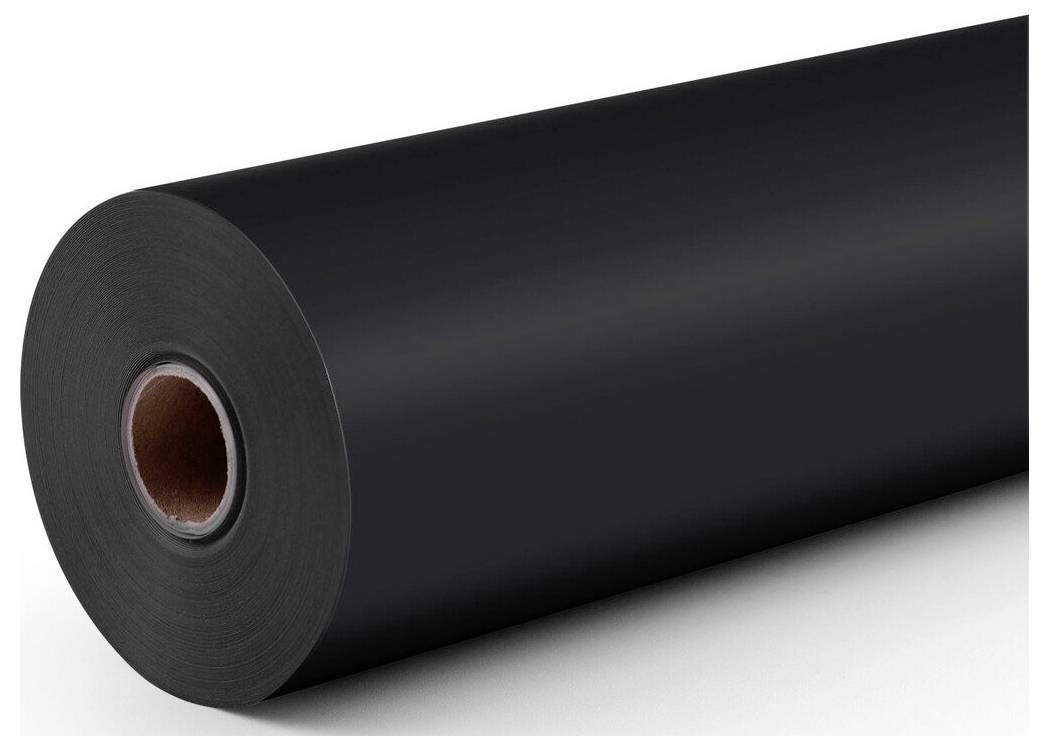 Eine große Rolle aus matter schwarzer Material, wahrscheinlich Papier oder Film, auf weißem Hintergrund gezeigt.