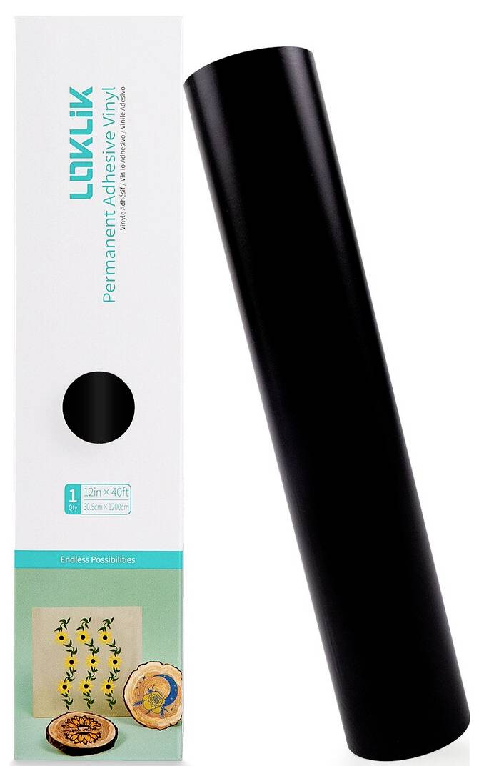 Karton mit LOKLIK Permanent-Haftvinyl neben einer schwarzen Vinylrolle, zeigt Produktverpackung und Musterdesigns.