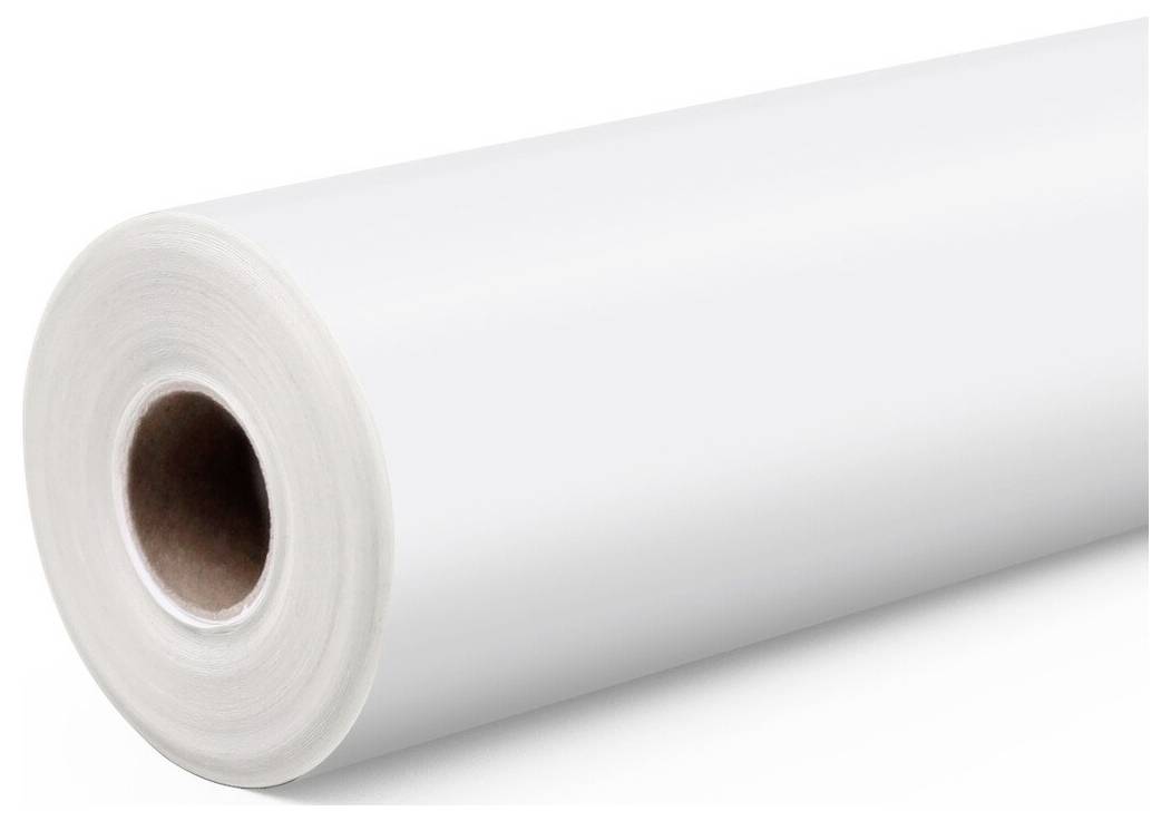 Eine große weiße Rolle aus Papier oder Kunststofffolie mit einem hohlen Pappkern, gezeigt vor einem einfachen Hintergrund.