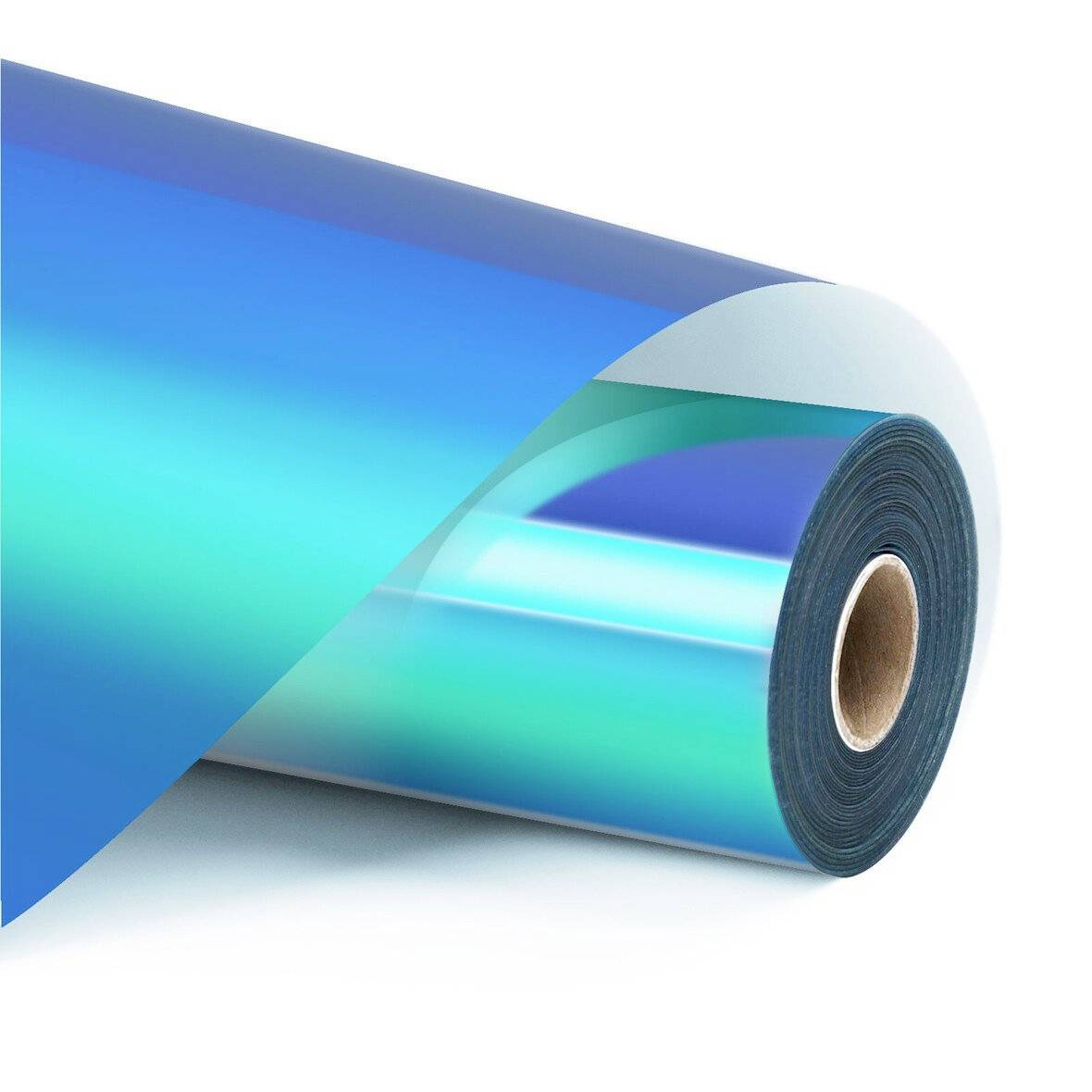Rolle aus glänzendem blaugrünem reflektierendem Film oder Vinyl auf weißem Hintergrund, wobei das Blatt teilweise abgerollt ist.