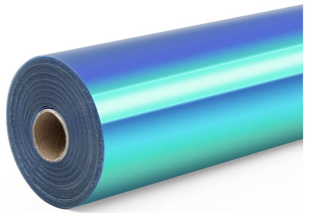 Eine aufgerollte blaue reflektierende Folie oder Vinylfolie auf weißem Hintergrund.