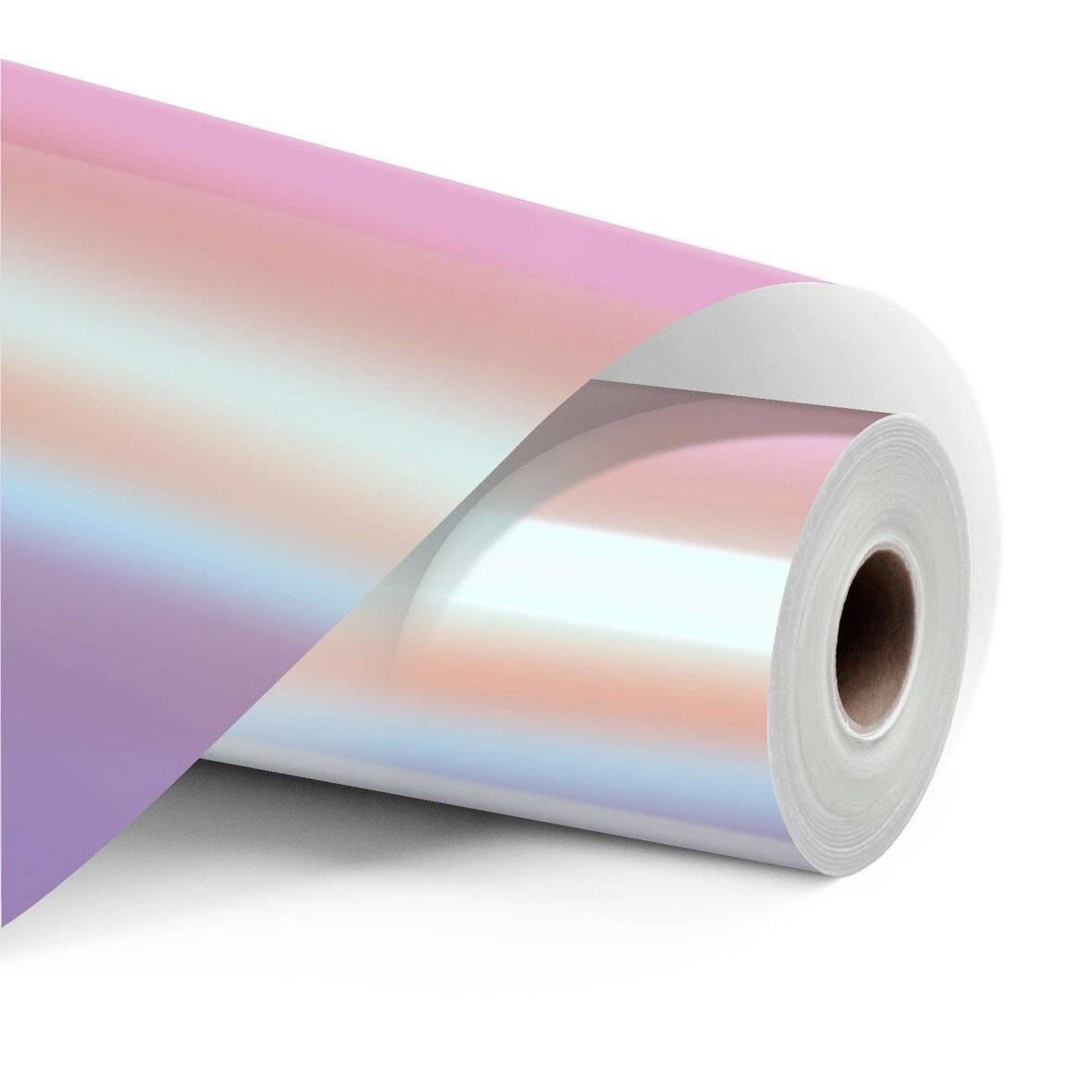 Eine Rolle schimmernder holografischer Klebebefilm mit einem Regenbogenverlauf, teilweise auf weißem Hintergrund abgerollt.
