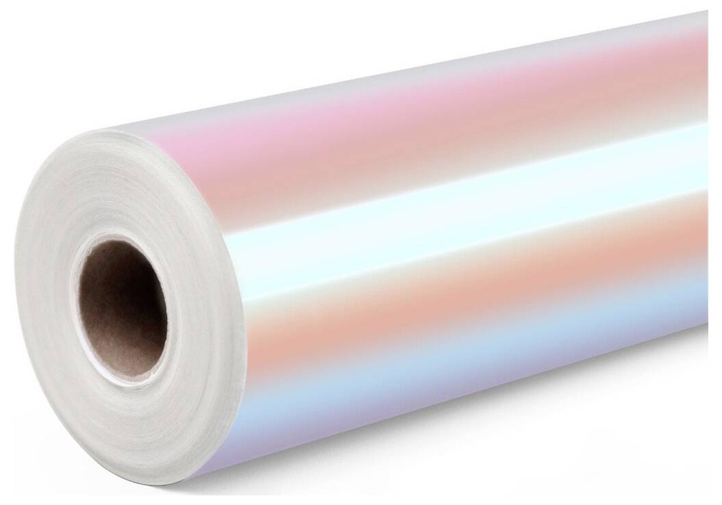 Rolle aus schillerndem holografischem Film oder Geschenkpapier mit Perlmutt-Rosa, Blau und Silber-Glanz auf weißem Hintergrund
