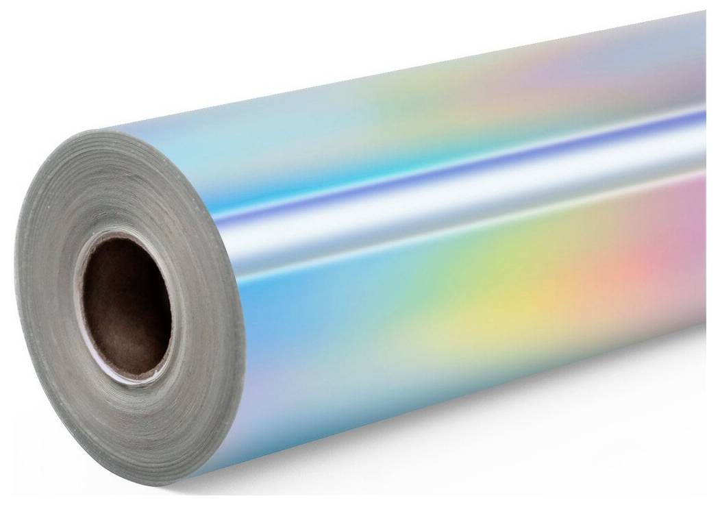 Rolle aus schimmerndem holografischem Haftfilm auf weißem Hintergrund.