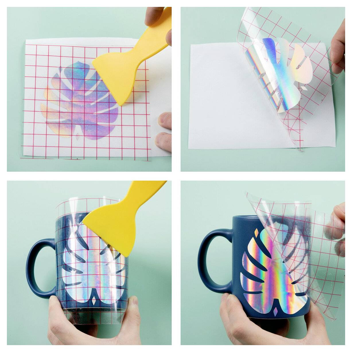 Vierschrittiger Bildübertragungsprozess: Eine Schablone mit rotem Gitter wird auf Papier und eine Tasse gepresst und überträgt dabei ein farbenfrohes Blattmuster auf die Oberflächen.