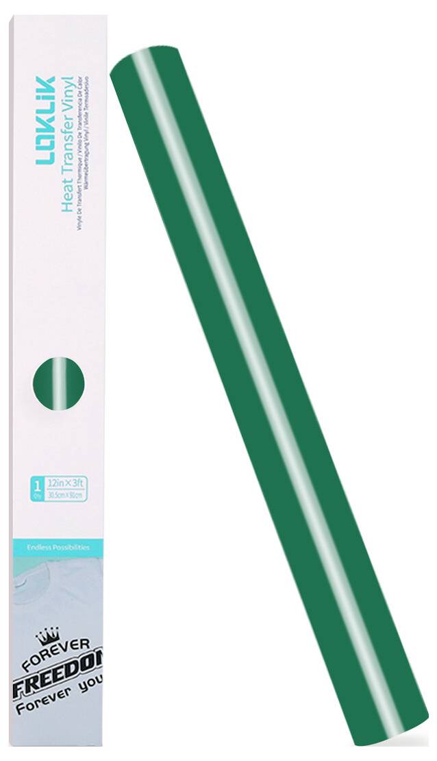 Grüne Wärmeübertragungsvinylrolle neben Produktverpackung mit der Aufschrift „LUKK Heat Transfer Vinyl