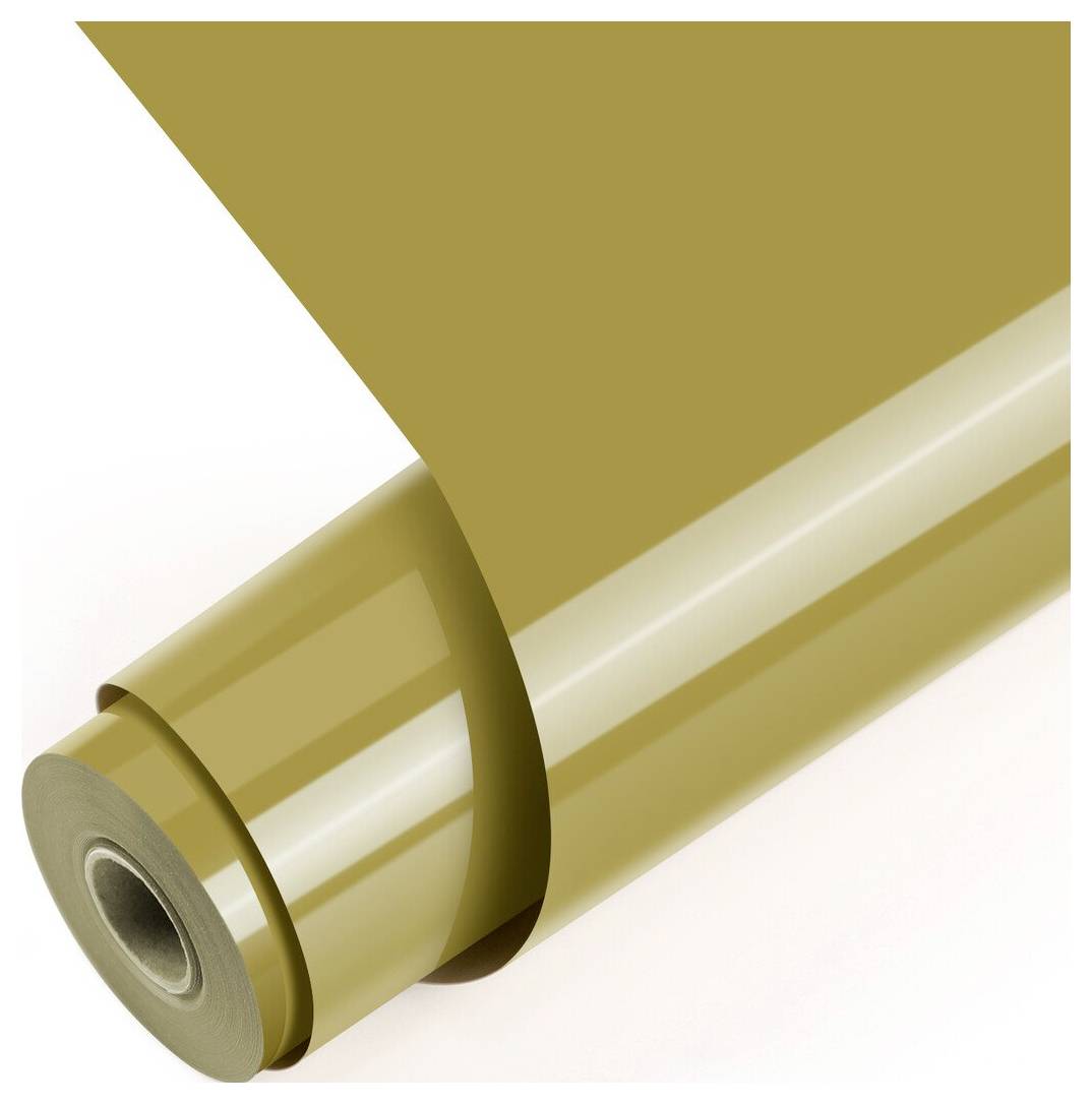 Eine Rolle aus metallischem Gold-Geschenkpapier oder Folie mit einem losen Blatt, das sich nach oben und über die Oberseite erstreckt.
