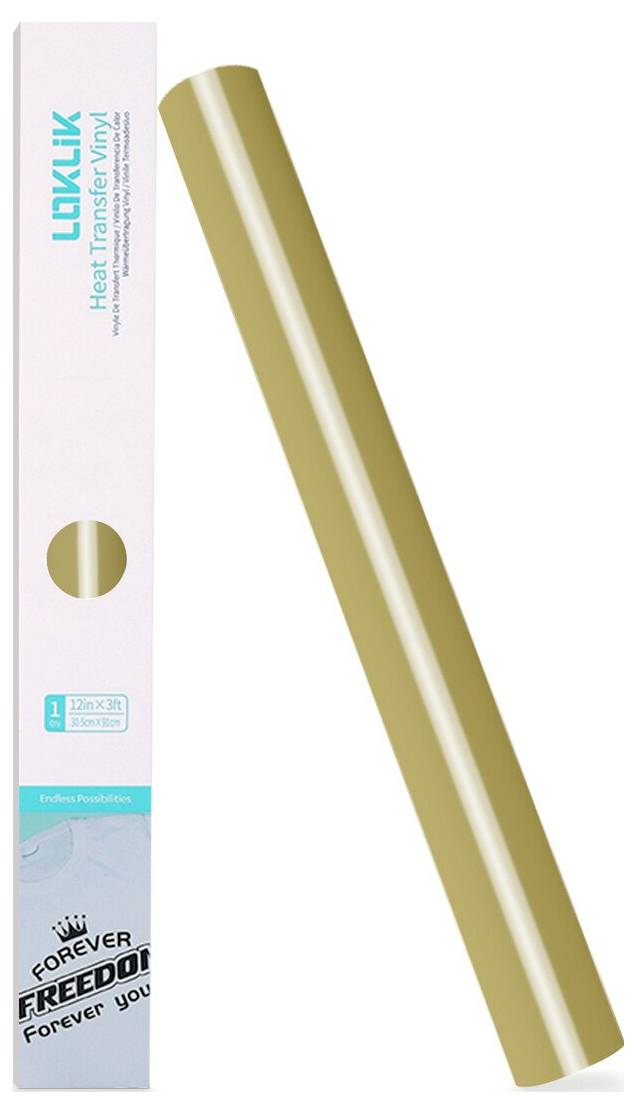 Goldmetallic-Vinylfolienrolle neben ihrer Produktverpackung mit den Bezeichnungen 
