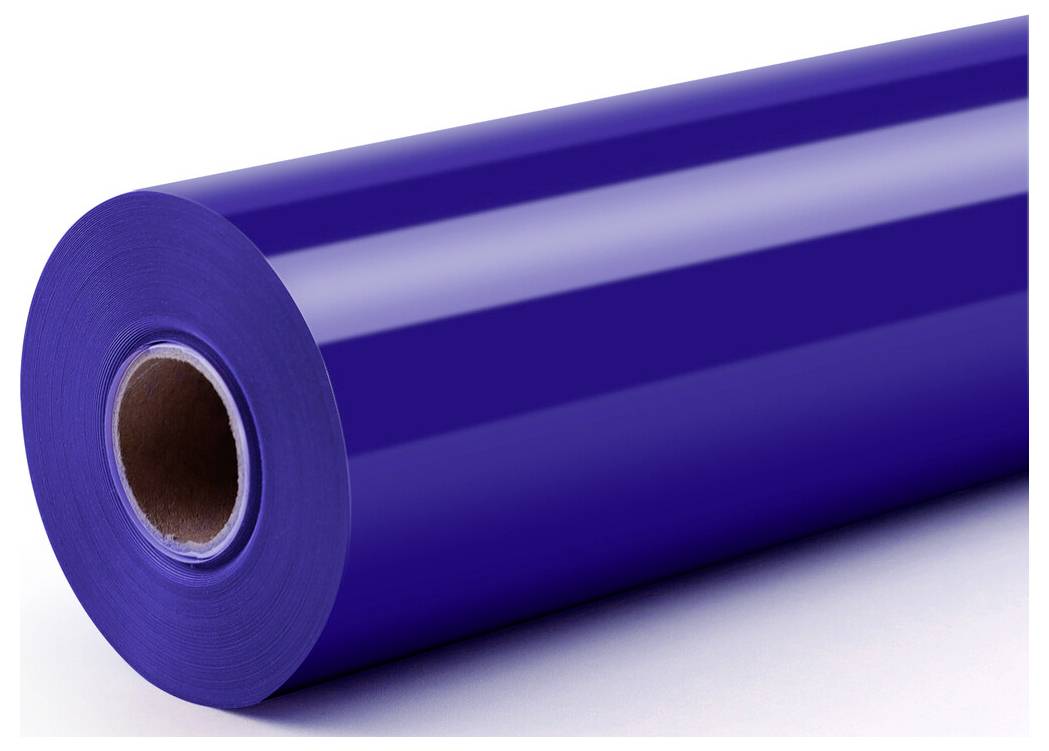 Eine Rolle aus glänzendem blauen Film- oder Vinyl-Material auf weißem Hintergrund.